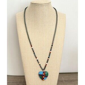 Vintage Native American Style Hematite Bead Inlay Heart Necklace Native American